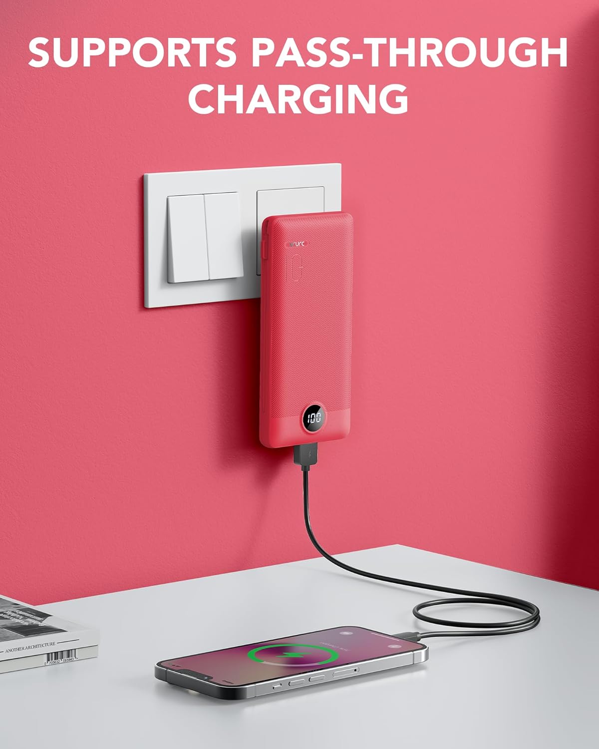 Portable Charger Built-in Cables and AC Wall Plug, VRURC USB C Power Bank 10000mAh, Travel Battery Portable Phone Charger Compact Lightweight External Battery Pack for SmartPhones,Tablets-Viva Magenta - Image 2