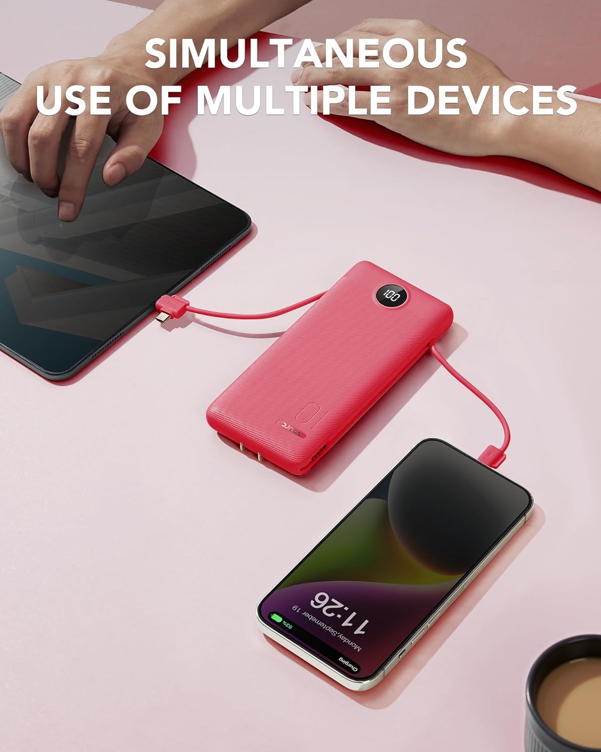 Portable Charger Built-in Cables and AC Wall Plug, VRURC USB C Power Bank 10000mAh, Travel Battery Portable Phone Charger Compact Lightweight External Battery Pack for SmartPhones,Tablets-Viva Magenta - Image 6