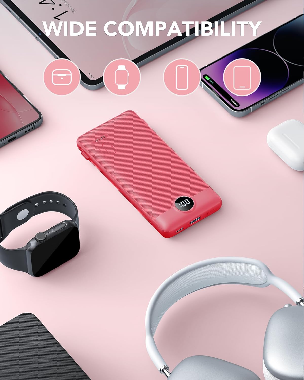 Portable Charger Built-in Cables and AC Wall Plug, VRURC USB C Power Bank 10000mAh, Travel Battery Portable Phone Charger Compact Lightweight External Battery Pack for SmartPhones,Tablets-Viva Magenta - Image 7
