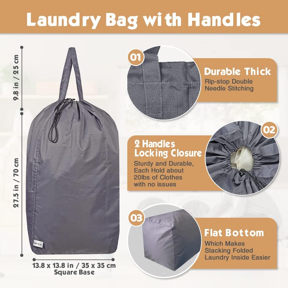 Washable Travel Laundry Bag with Handles and Drawstring (2 Pack), Heavy Duty Large Enough to Hold 3 Loads of Laundry, Fit a Laundry Basket or Clothes Hamper, 27.5x34.5 in,Grey - Image 2